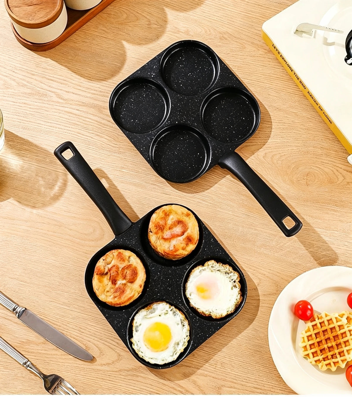 4-Hole Nonstick Egg Frying Pan – Multi-Section Breakfast Skillet with Handle for Eggs, Pancakes & Breakfast Foods