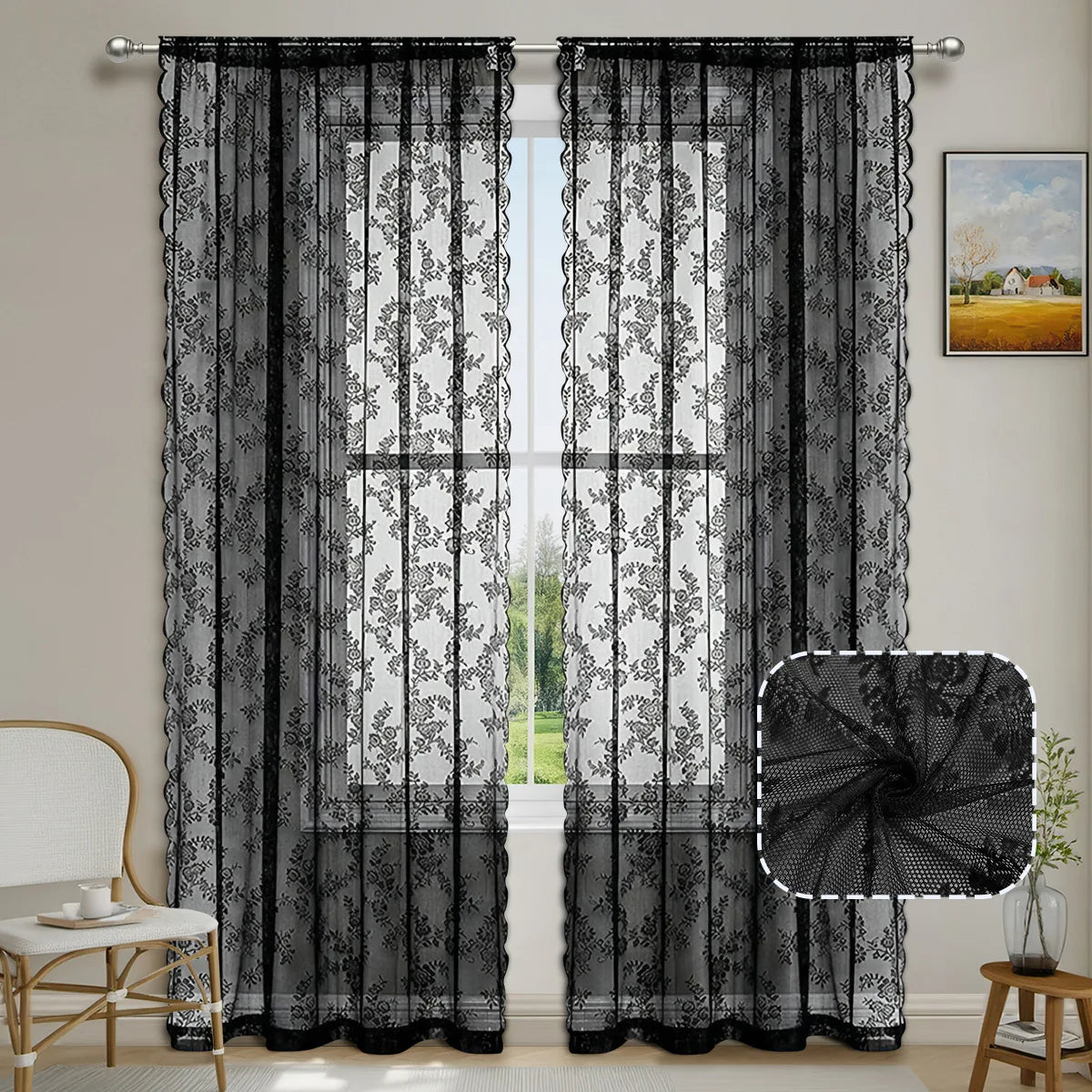 Floral Lace Curtains 1–2 Panels, Botanical Embroidered Semi-Sheer Window Curtains with Scalloped Edge, Vintage Romantic Decor for Living Room, Bedroom & Bay Window