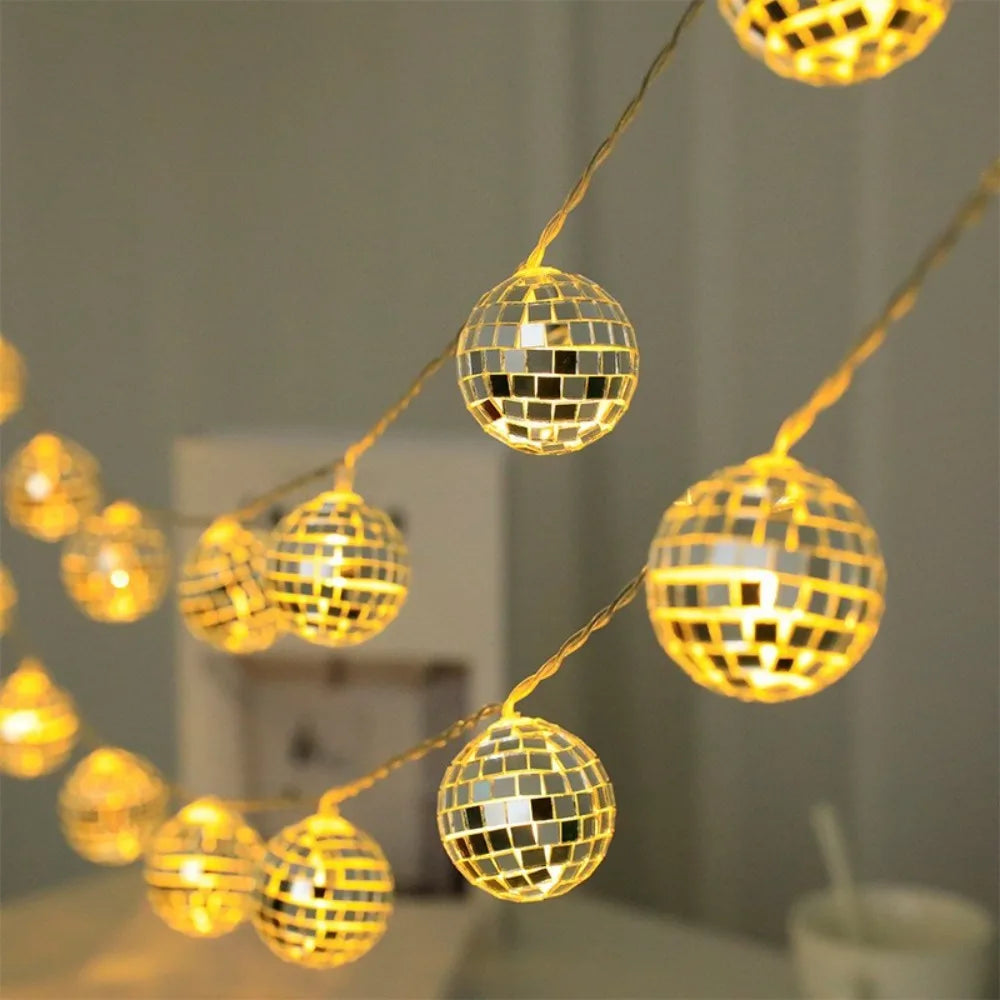 LED Mirror Ball String Lights, Battery-Powered Disco Fairy Lights with Reflective Balls for Party, Bar, Halloween, Christmas & Holiday Decor