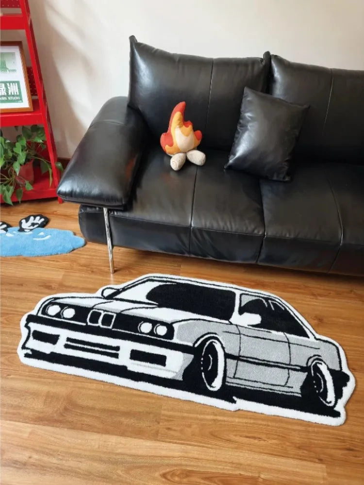 Retro Cartoon Car Area Rug, Personalized Polyester Carpet with Non-Slip & Water-Resistant Design, Soft Absorbent Mat for Bedroom, Gaming Room, Living Room & Bathroom