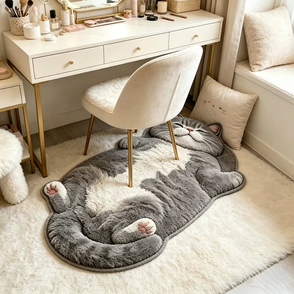 Cute Cat-Shaped Area Rug, Soft Plush Polyester Fleece Carpet with PVC Backing, Japanese & Korean Style Cartoon Floor Mat for Bedroom, Living Room & Hallway Decor