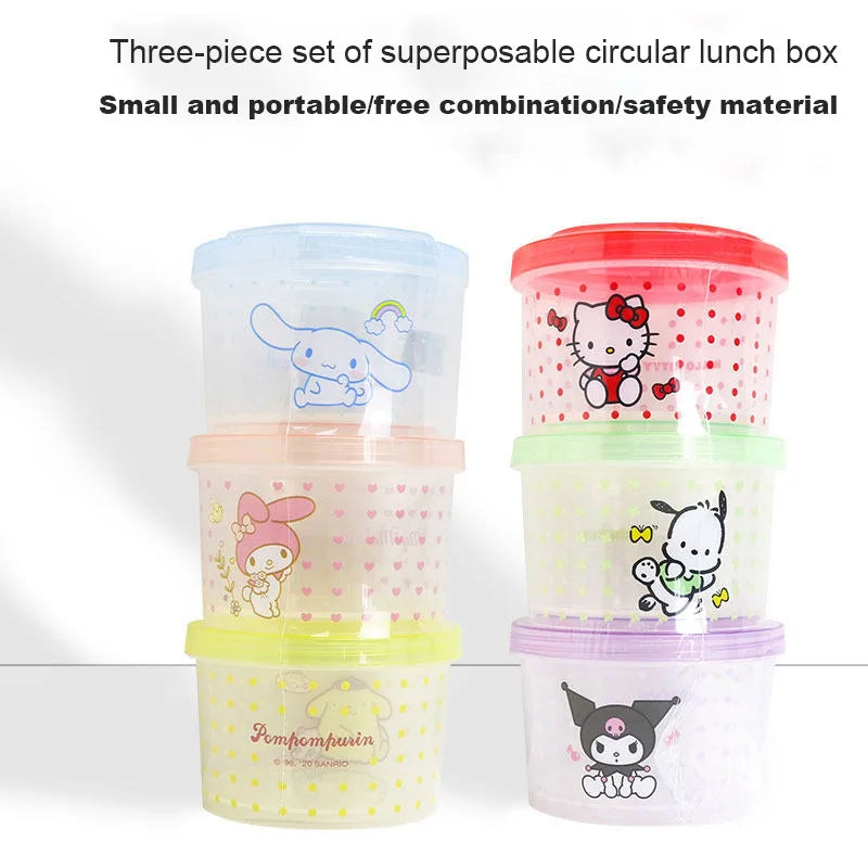 Cute Kitty Stackable Food Container 3 Piece Set Round Bento Box with Lid for Lunch Meal Prep Kitchen Storage Gift