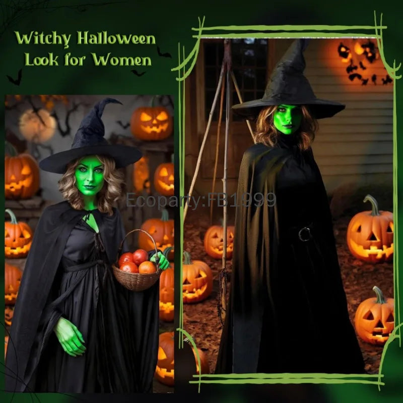 Halloween Evil Witch Costume Set for Women Gothic Wizard Cosplay Green Claw Gloves Sharp Hat Set Adult Carnival Party Dress Up