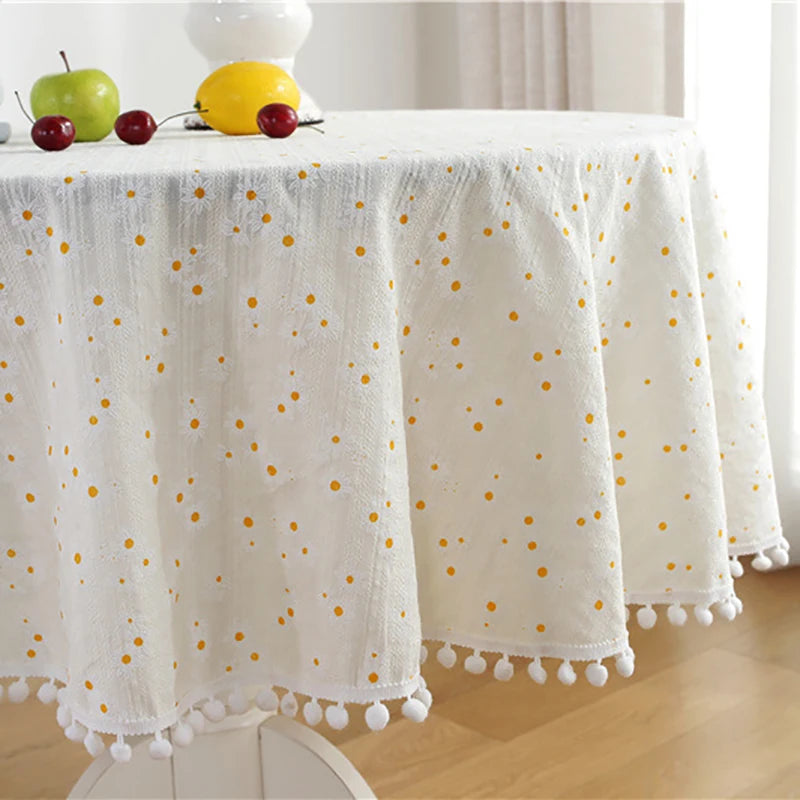 Round Floral Cotton Tablecloth with Tassel Edge, 100% Cotton Reusable Table Cover, Handmade Circular Dining Table Decor for Kitchen, Farmhouse, Wedding, Party & Home