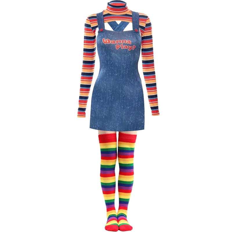 Halloween Costumes for Women Scary Nightmare Killer Doll Wanna Play Movie Character Chucky Doll Costume With Stockings