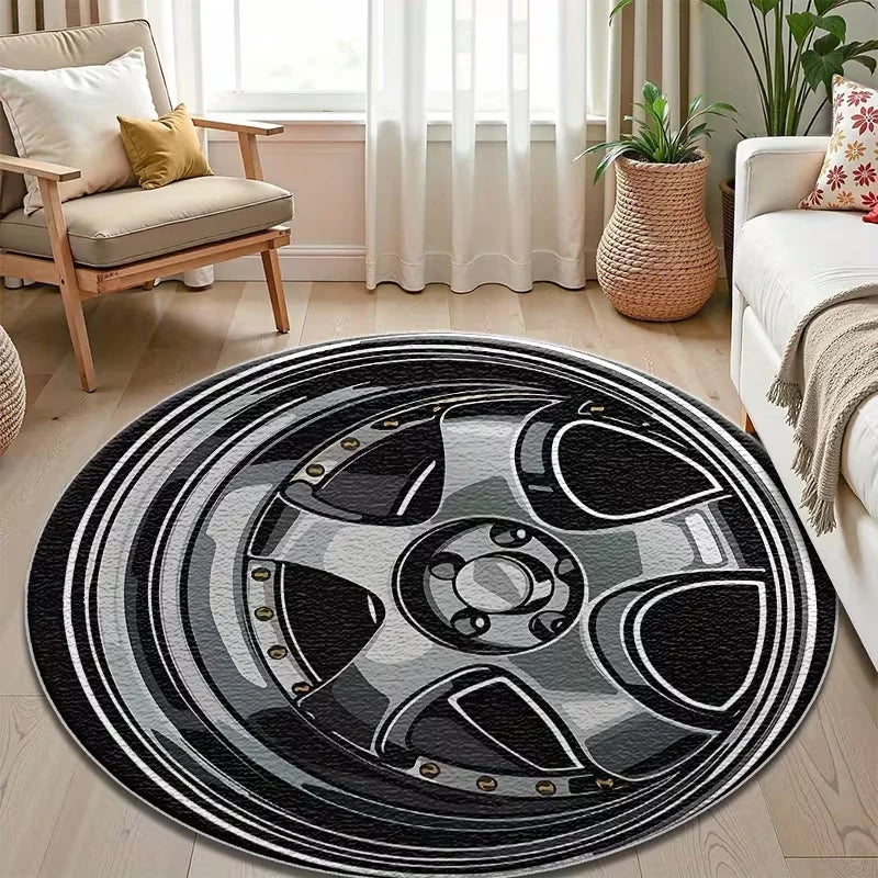 Large Round Cartoon Area Rug, Red Accent Flannel-Style Polyester Carpet with Non-Slip Backing, Modern Decorative Floor Mat for Living Room, Bedroom & Office