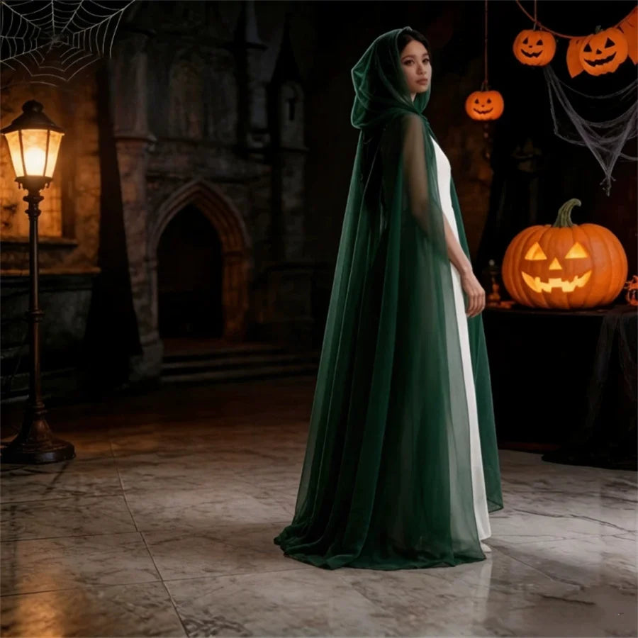 Halloween  cosplay - ghost costume with hooded cloak, death god witch net-like long dress, full-length performance outfit
