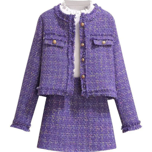 2026 New Spring Autumn Women Purple Tweed Two Piece Set Elegant Fringe