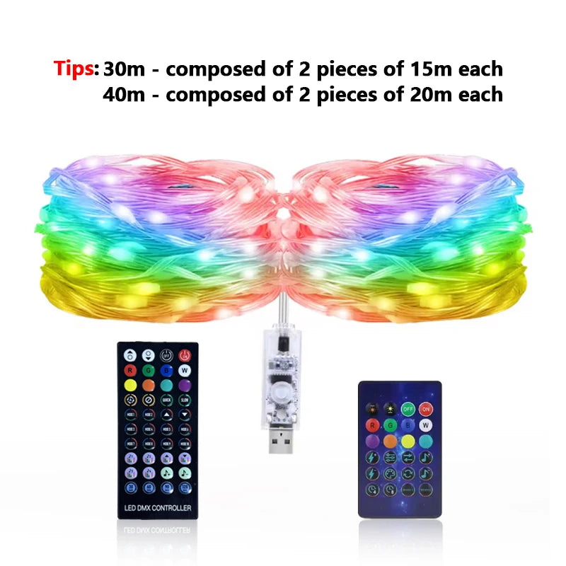 Outdoor Christmas Fairy Lights, IP65 Waterproof RGB LED String Lights with Bluetooth App Control, 210 Lighting Modes, USB 5V Garden, Tree, Patio & Party Decor