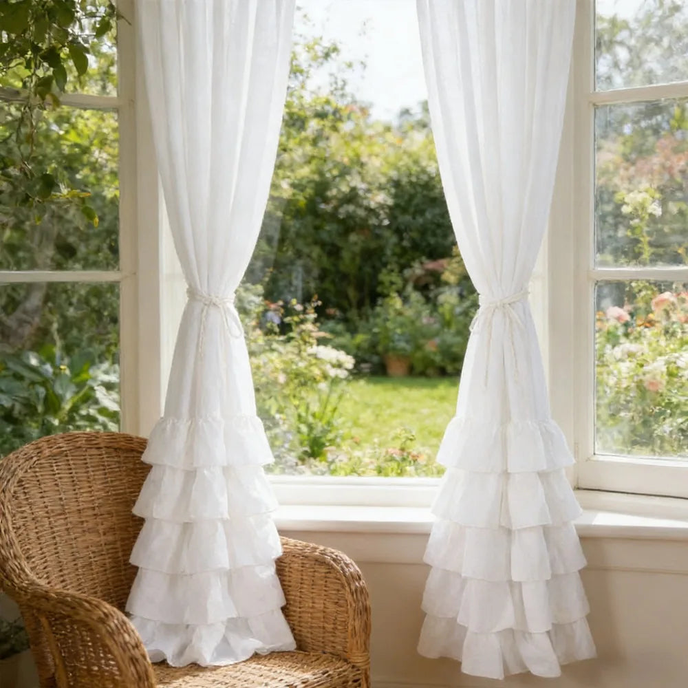 Pleated Ruffled Sheer Curtains 1–2pcs, Soft Layered Lace-Style Polyester Drapes with French Romantic Design, Privacy Light-Filtering Curtains for Living Room, Bedroom & Door