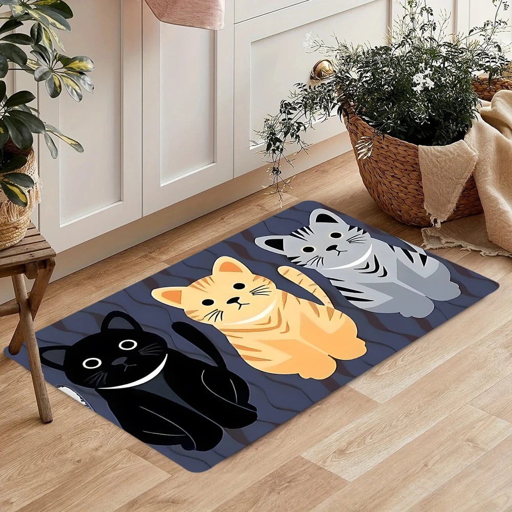 Cute Cartoon Cat Doormat 30×50cm & 40×60cm, Soft Polyester Flannel Rug with Anti-Slip Backing, Persian-Style Floor Mat for Living Room, Bedroom, Bathroom & Entryway