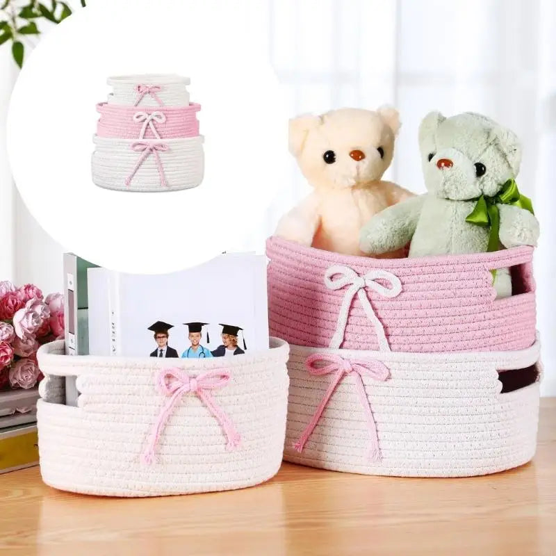 Set Of 3 Hand Handwoven Cotton Bowknot Decorated Storage Baskets Nesting Organizers For Home Bedroom Kids Room KXRE
