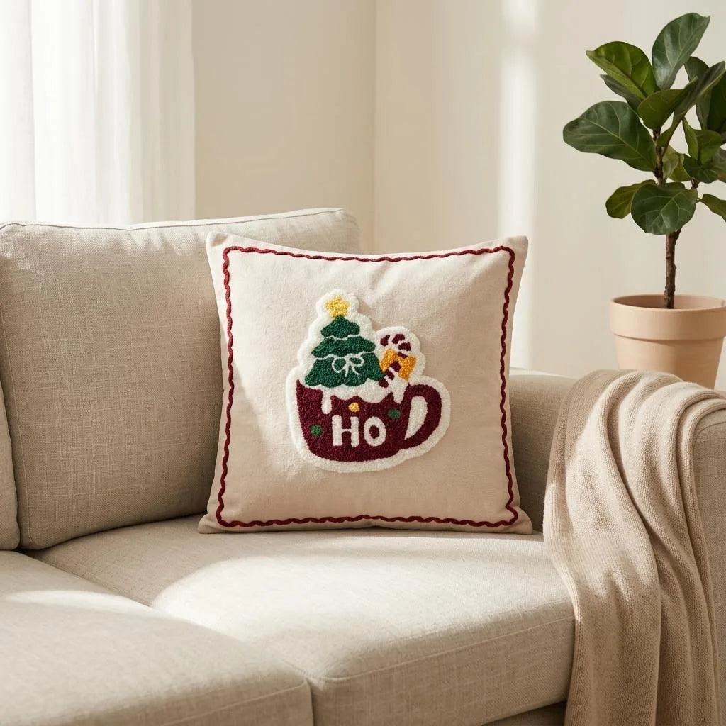 Christmas Embroidered Throw Pillow Cover 45×45cm – Festive Jacquard Cushion Case with Hidden Zipper for Sofa, Bed & Home Decor