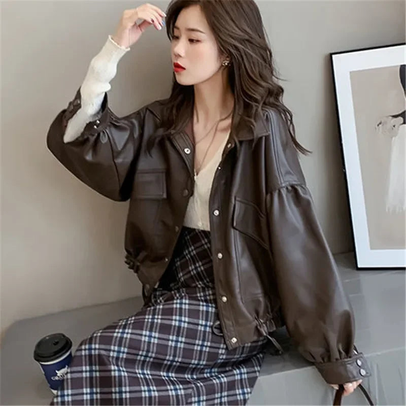 New Autumn Winter Faux Leather Jacket Women Oversize PU Coat Loose