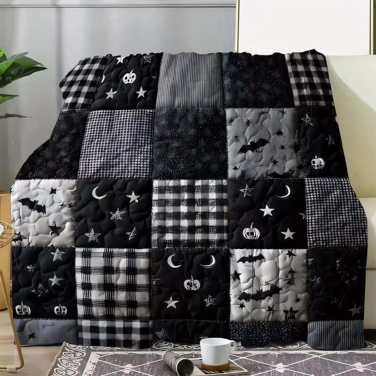 Halloween Black & White Patchwork Blanket – Cozy Geometric Throw with Plaid, Stars, Moons & Pumpkin Patterns for Sofa, Bed & Travel