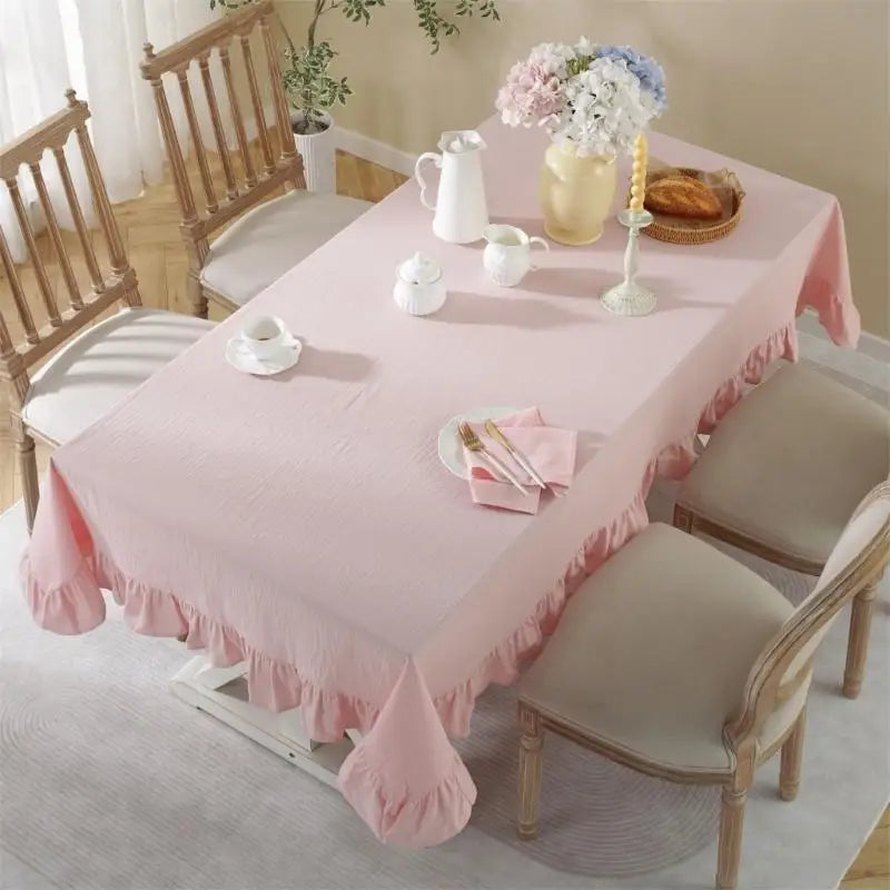 Ruffled Cotton Tablecloth, Nordic Farmhouse Rectangle Table Cover with Elegant Frilled Edge, Reusable Washable Dining Table Linen for Kitchen, Home & Holiday Decor