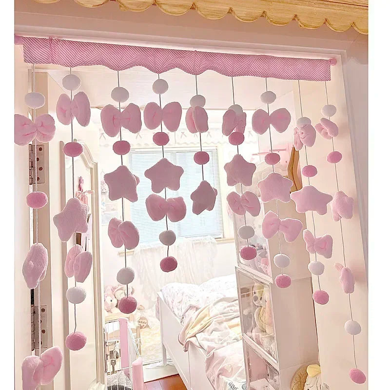Pink Bow Short Curtain, Cute Kawaii Velvet Door & Window Curtain with Velcro Installation, Soft Decorative Thread Partition for Girls’ Bedroom, Dormitory & Bathroom