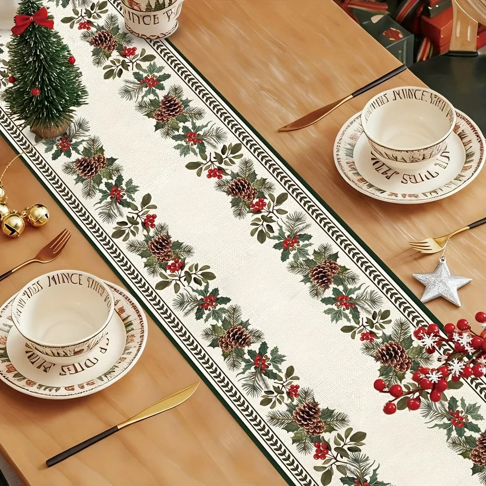 Farmhouse Rustic Christmas Table Runner, Green Pinecones & Red Berries with Gold Accents, 100% Linen Holiday Dining Table Decor for Indoor & Outdoor Use