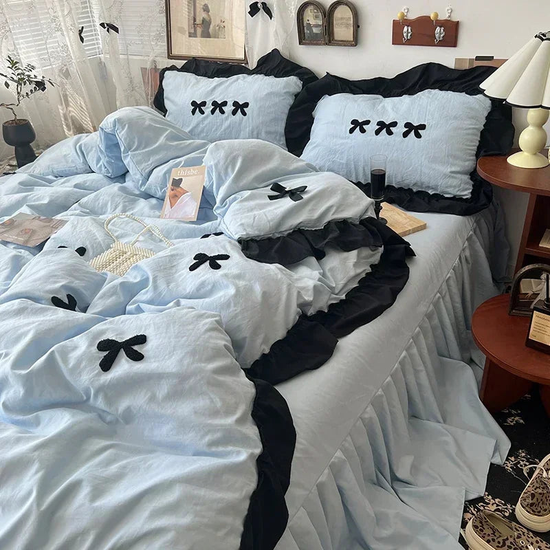 Black Bow Cotton Bedding Set – Princess Style Washed Cotton Duvet Cover with Embroidered Bow, Flat Sheet & Pillowcases