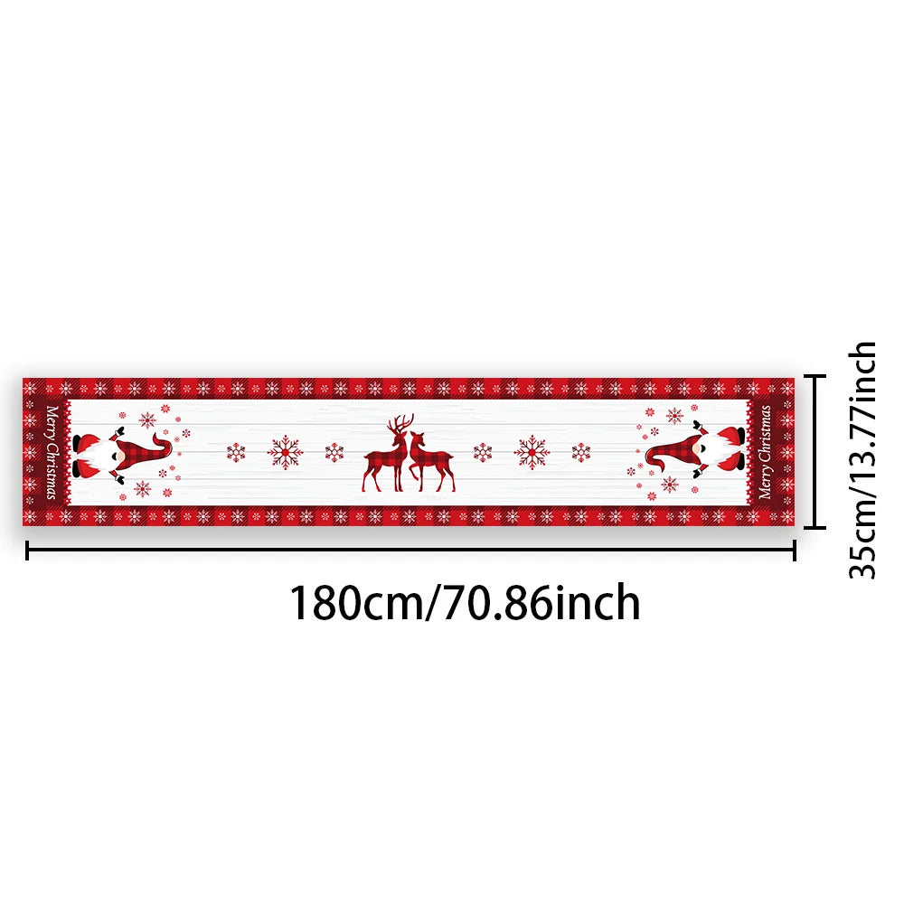 Christmas Table Runner, Buffalo Plaid Gnome Reindeer & Snowflake Holiday Table Decor, Merry Christmas Polyester Runner for Dining Table, Party & Home