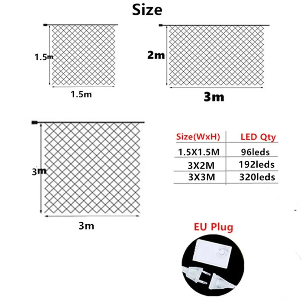 LED Net String Lights 1.5×1.5M–3×3M, 8 Lighting Modes Mesh Curtain Lights, White Warm White & Multicolor Christmas Lights for Wedding, Party, Halloween & New Year Decor