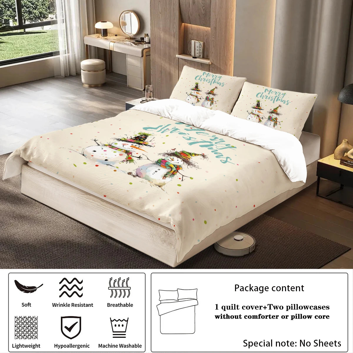 Christmas Snowman Bedding Set – 3-Piece Printed Duvet Cover & 2 Pillowcases, Festive Holiday Bedding for Teens & Adults