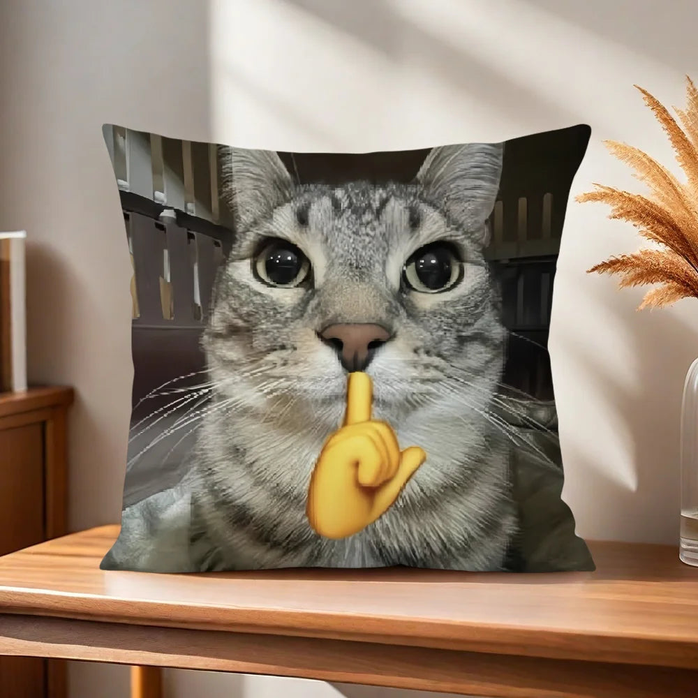 Funny Cat Meme Cushion Cover, Double-Sided Printed 100% Polyester Pillowcase, Cute Square Decorative Throw Pillow Cover for Sofa, Living Room, Office, Car & Home Decor