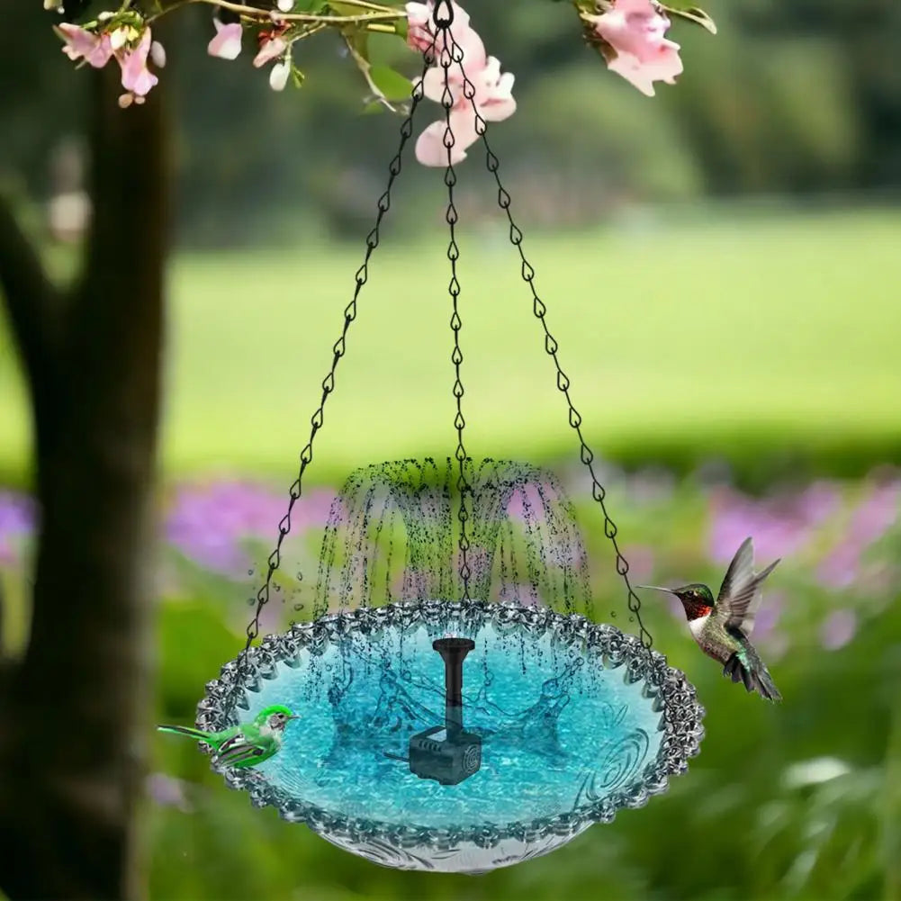 Hanging Birds Bath with Solar Fountain Pump Outdoor Garden Hummingbird Feeder Tray Water Fountain Birdbath Bowl