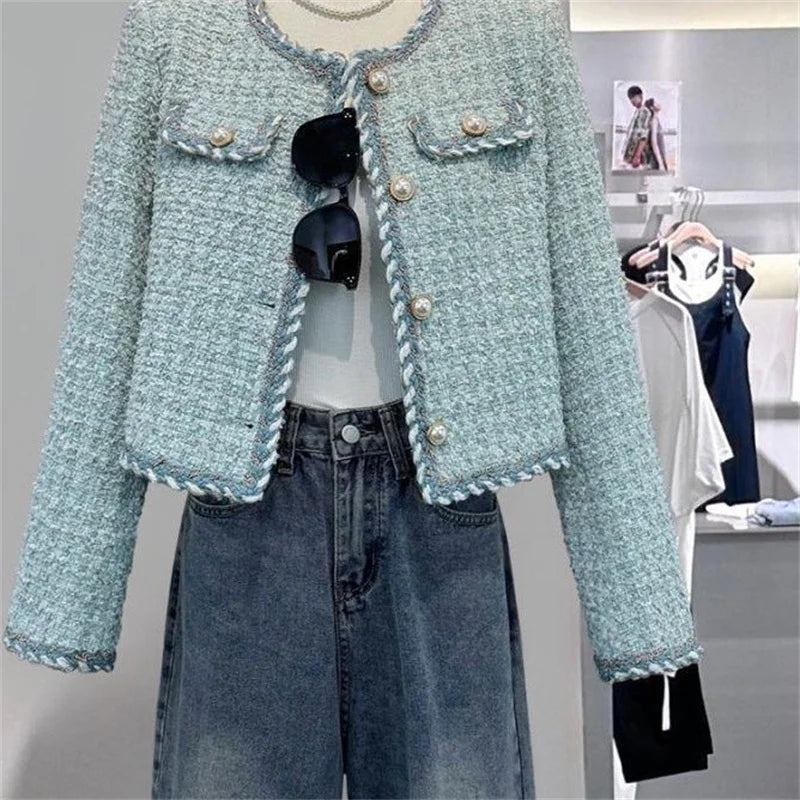 Women Elegant Tweed Jackets Chic O-neck Long Sleeve Tops New Autumn