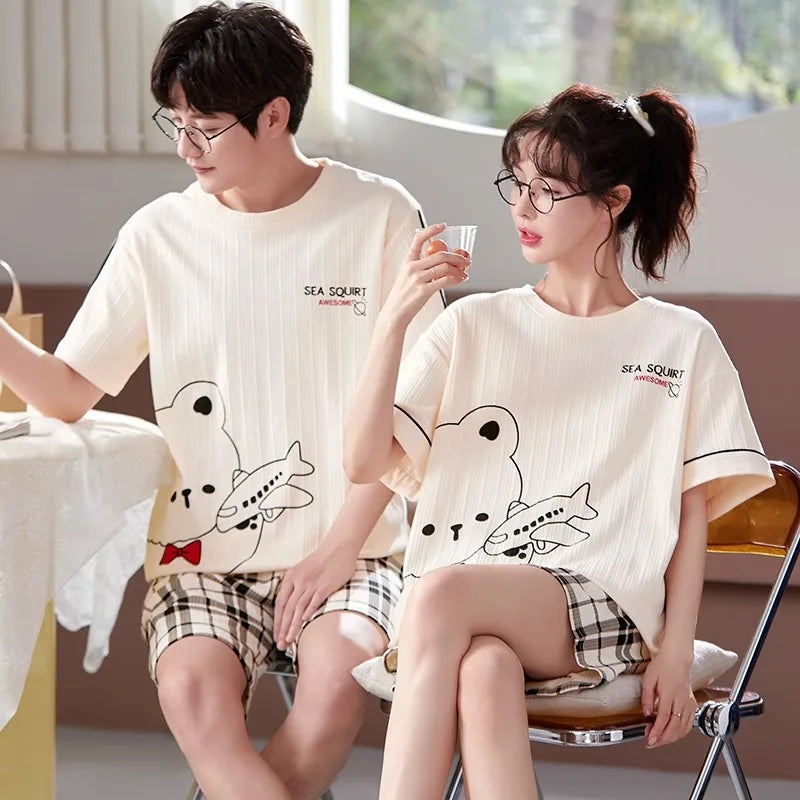 Cartoon Cute Bear Nightwear for Couples Summer Short Sleeves Shorts Sleepwear Women and Men Matching Homewear Young Boy Girl Pjs