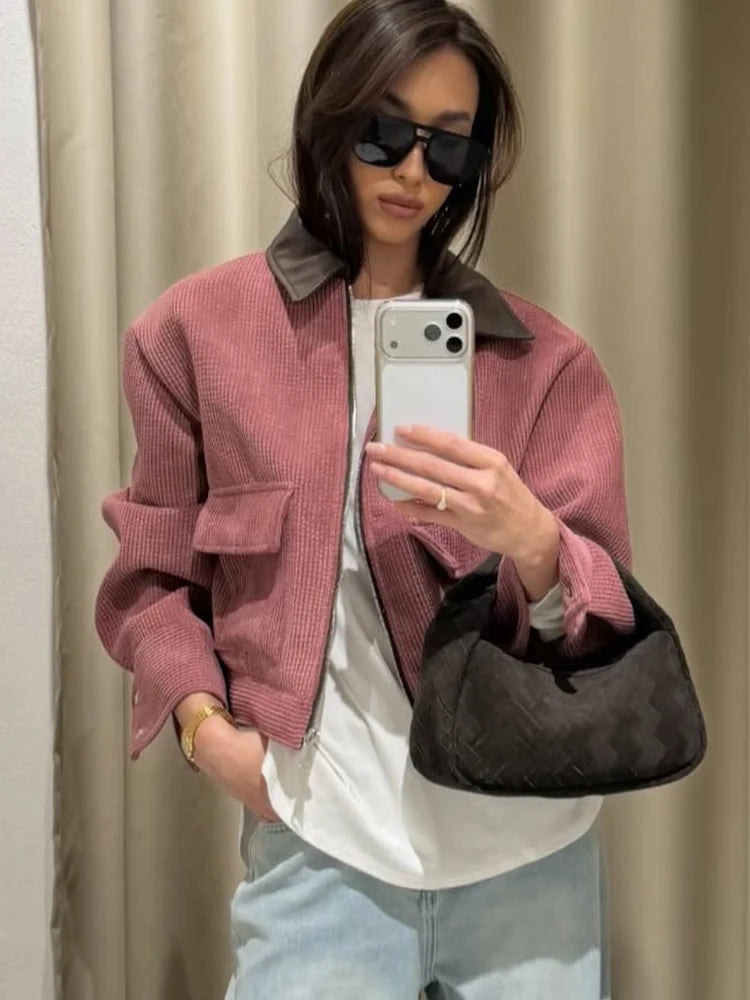 Women’s Pink Loose Fit Casual Jacket – Spring Streetwear Outerwear