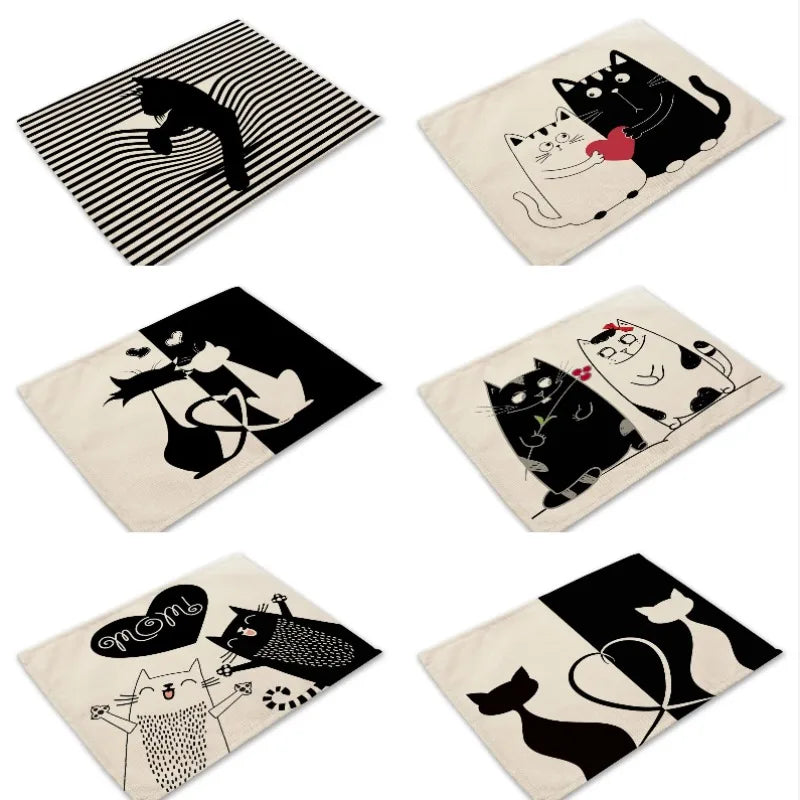 Cute Black Cat Linen Placemat – Western-Style Rectangular Table Mat, Heat-Resistant Dining Table Decor for Kitchen & Home