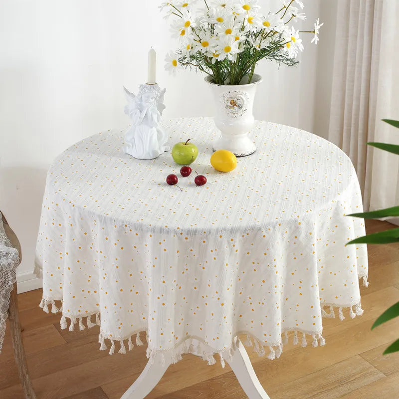 Round Floral Cotton Tablecloth with Tassel Edge, 100% Cotton Reusable Table Cover, Handmade Circular Dining Table Decor for Kitchen, Farmhouse, Wedding, Party & Home