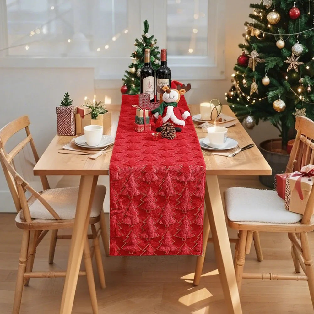 Christmas Tree Table Runner 33×183cm – Plush Embroidered & Embossed Holiday Tablecloth for Dining Table, Christmas & New Year Decor