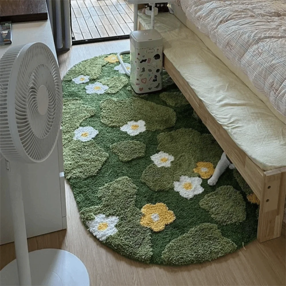 Irregular Green Moss Rug 50×100cm, Soft Imitation Cashmere-Style Polyester Carpet with Suede Backing, Geometric Flower Pattern Area Rug for Sofa, Bedroom & Home Decor
