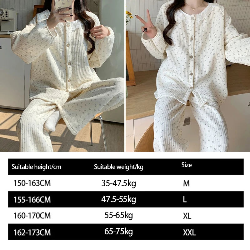 Women’s Floral Cotton Pajama Set – Cute Lace Sleepwear with Long-Sleeve Top & Ankle-Length Pants for Spring & Autumn