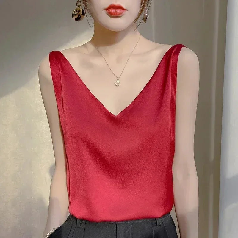 Tank Tops for Women Sleeveless V Neck Satin Silk Camisole Fashion Summer Solid Loose Vest Ladies Tops Streetwear