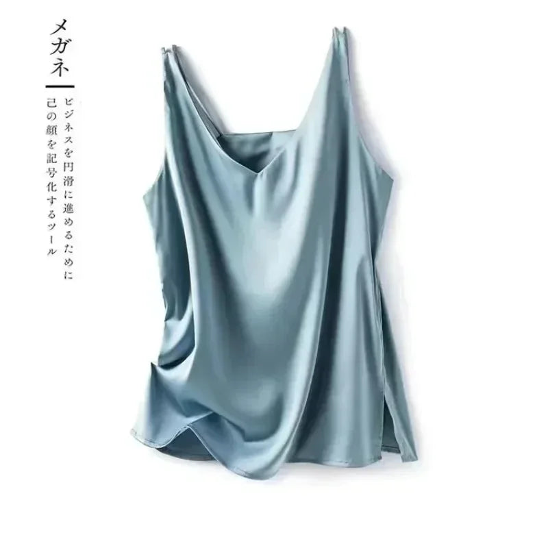 Tank Tops for Women Sleeveless V Neck Satin Silk Camisole Fashion Summer Solid Loose Vest Ladies Tops Streetwear