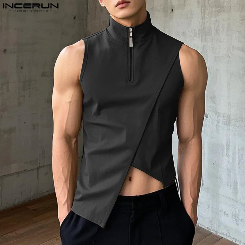 Men Tank Tops Sleeveless Streetwear INCERUN Casual Male Tops Tee Oversize Irregular Tops Zipper Summer Men's Clothing S-5XL