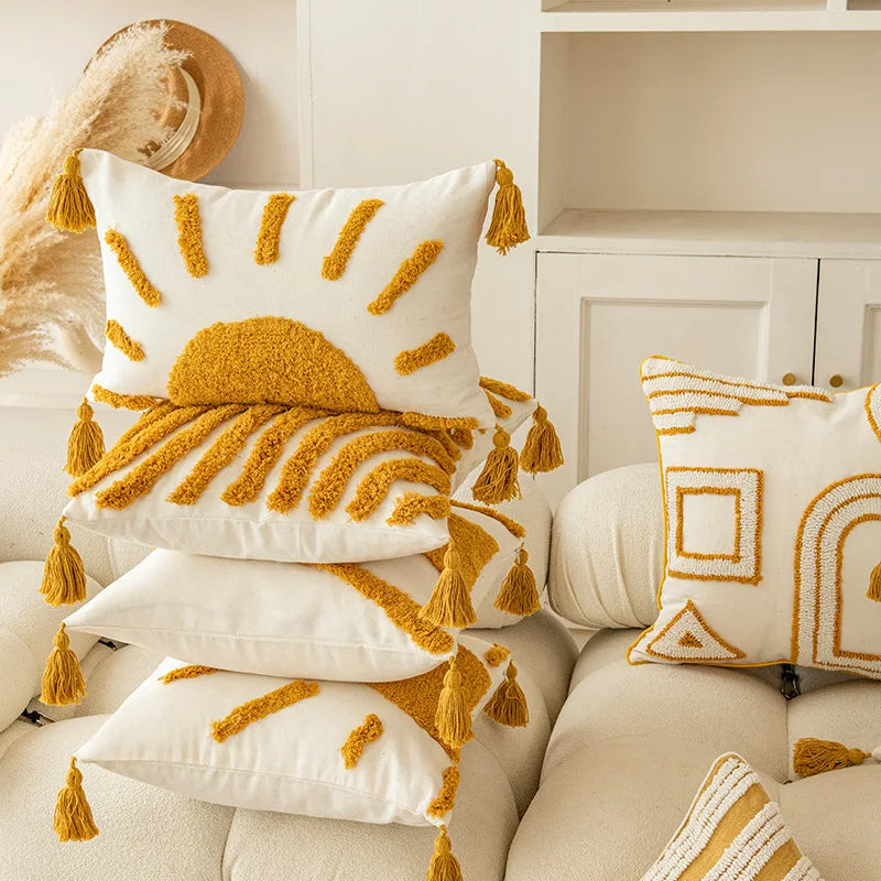 Boho Golden Yellow Tufted Cushion Cover, Geometric Embroidered Tassel Pillowcase, Handmade Nordic Decorative Throw Pillow Cover for Sofa, Bedroom, Chair & Home Decor