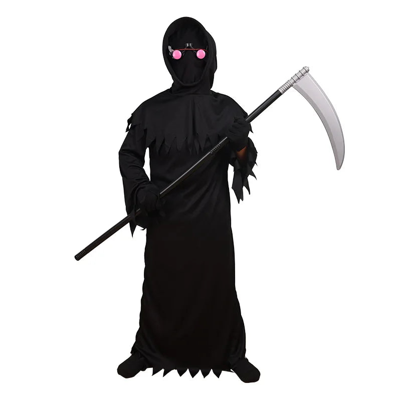 Halloween Grim Reaper Horror Costume Black Hooded Cloak Style Eerie Ghost Robe Costume Red Eye Flashing Role-Playing Set