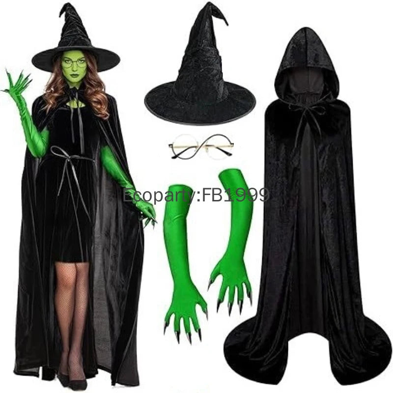 Halloween Evil Witch Costume Set for Women Gothic Wizard Cosplay Green Claw Gloves Sharp Hat Set Adult Carnival Party Dress Up