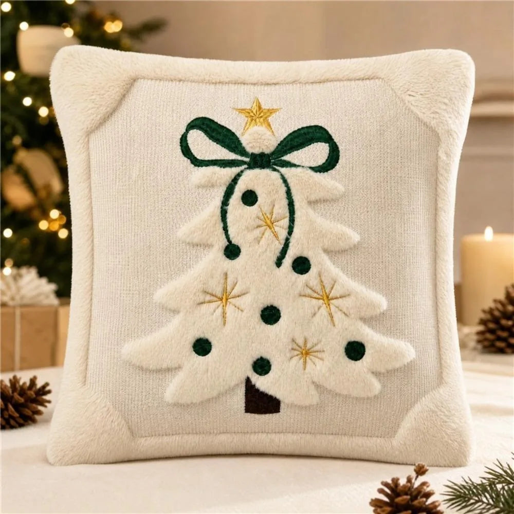 Christmas Tree Cushion Covers with 3D Embroidered Bow & Star, Soft Plush Velvet-Style Pillowcases, Festive Holiday Throw Pillow Covers for Sofa, Bed & Home Decor