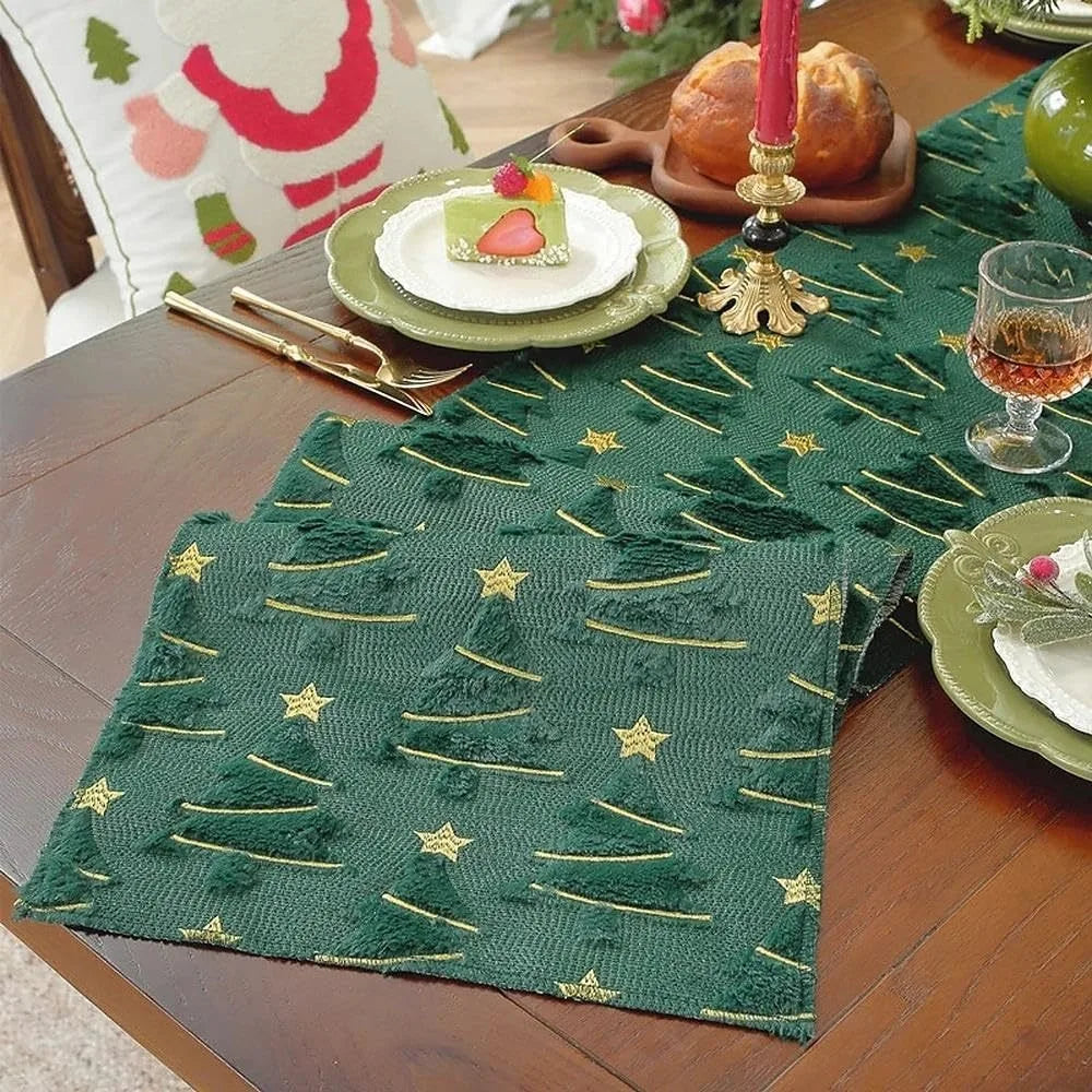 Christmas Tree Table Runner 33×183cm – Plush Embroidered & Embossed Holiday Tablecloth for Dining Table, Christmas & New Year Decor