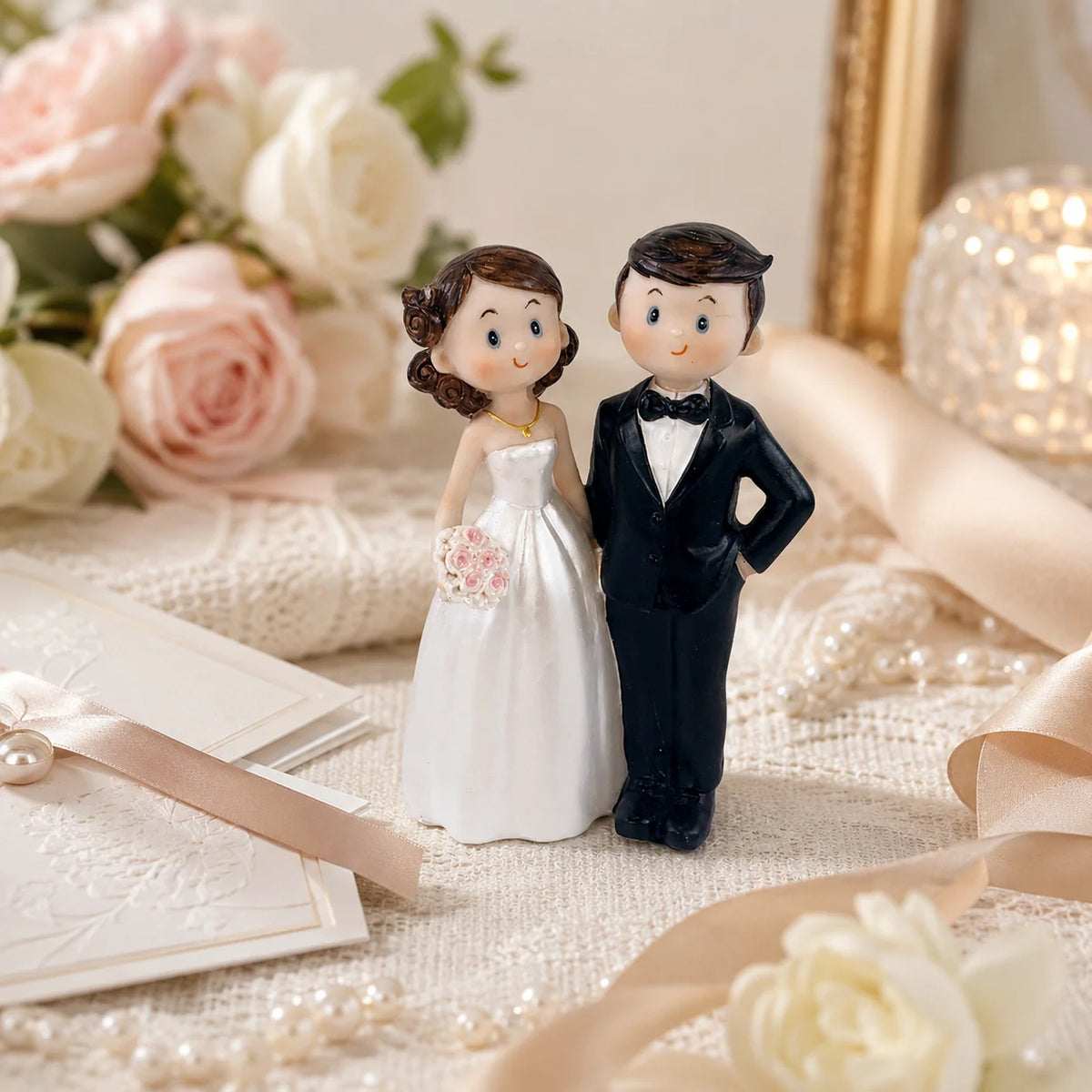 Cute Bride & Groom Wedding Cake Topper – Mini Couple Figurine Statue for Wedding Cake & Bridal Shower Decor, 1PC
