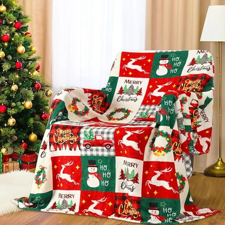 Christmas Throw Blanket, Soft Sherpa & Flannel Fleece Holiday Blanket with Cartoon Jacquard Design, Cozy Winter Throw for Sofa, Bed, Travel & Home Decor