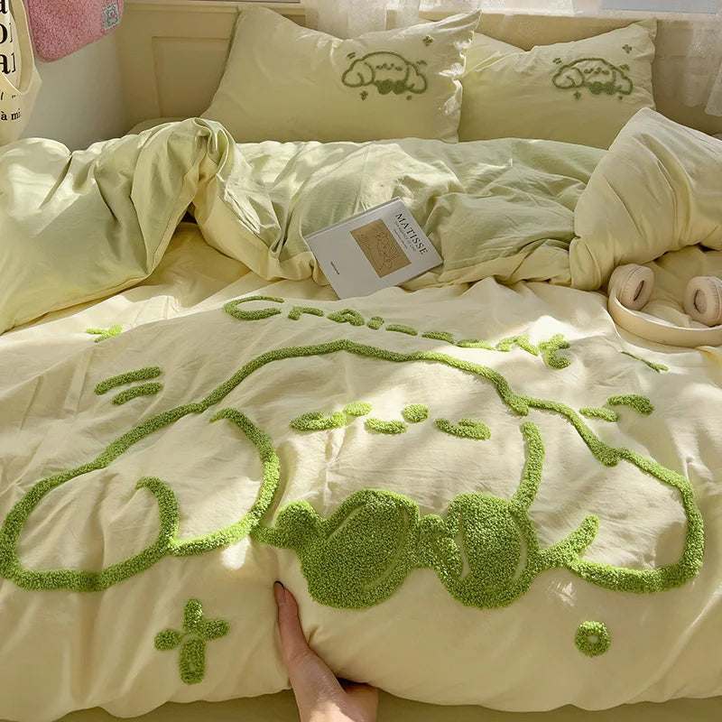 Cute Cartoon Animal Embroidery Bedding Set – 4-Piece Washed Polyester Jacquard Duvet Cover, Flat or Fitted Sheet & Pillowcases