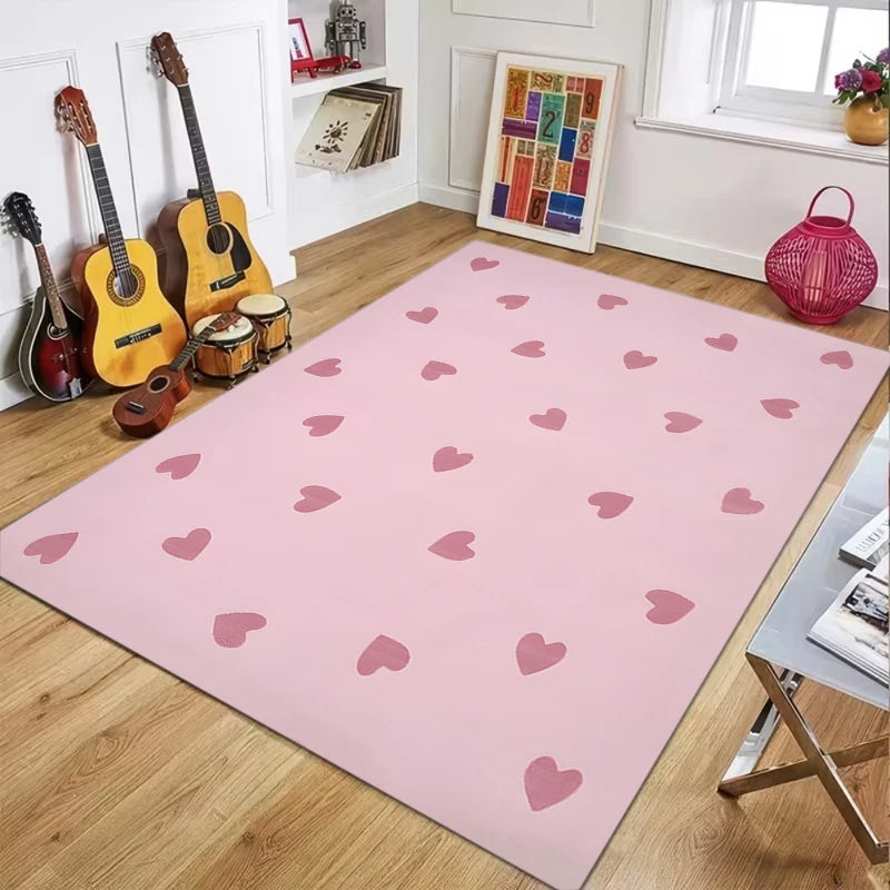 Pink Heart & Swirl Area Rug, Aesthetic Geometric Polyester Flannel Carpet with Non-Slip PP Backing, Soft Decorative Floor Mat for Bedroom, Living Room & Home Decor