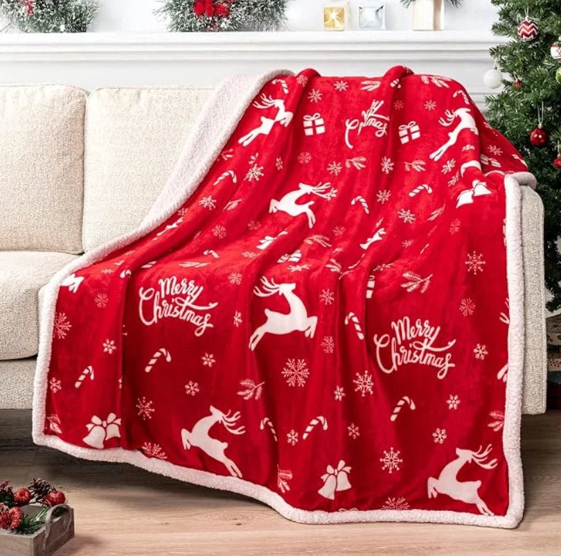 Christmas Throw Blanket, Soft Sherpa & Flannel Fleece Holiday Blanket with Cartoon Jacquard Design, Cozy Winter Throw for Sofa, Bed, Travel & Home Decor