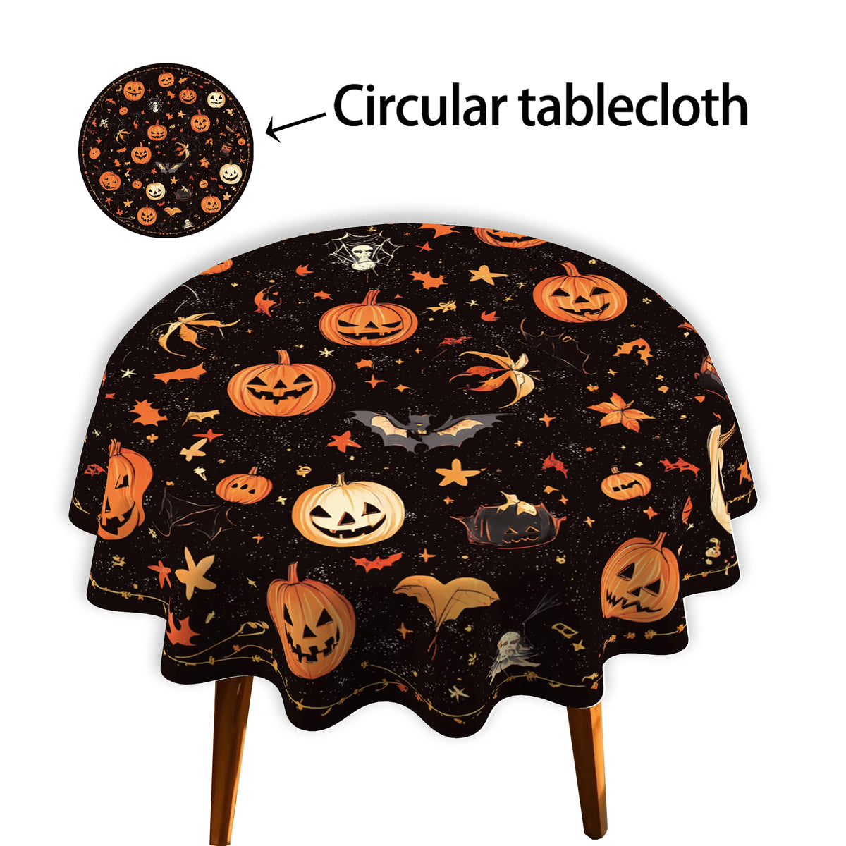 Halloween Round Tablecloth – 2D Printed Pumpkin & Bat Table Cover, Waterproof Polyester Table Decor for Kitchen, Dining Table & Party